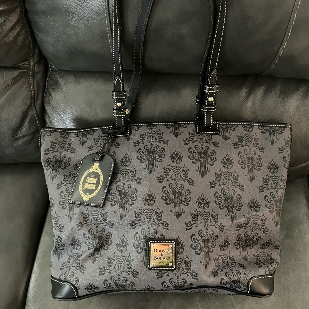 Dooney & Bourke Haunted Mansion wallpaper gray shopper tote bag EUC